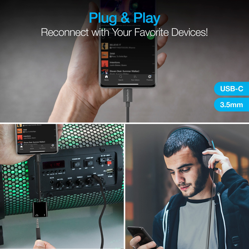 USB-C to 3.5mm audio and charge adapter connected to a phone