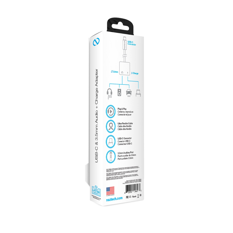 Naztech adapter retail package with diagram for USB-C audio and charging