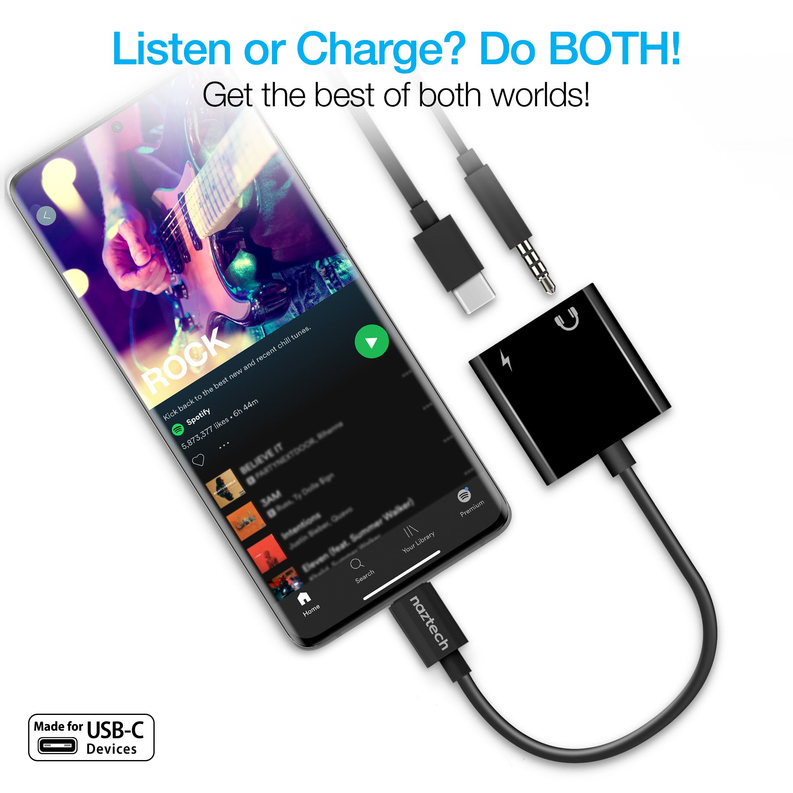USB-C audio and charge adapter with 3.5mm plug and USB-C connector