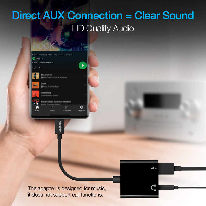 Audio and charge adapter with 3.5mm plug and USB-C connector on cable