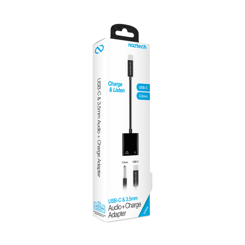 USB-C audio and charge adapter package with USB-C and 3.5mm port labels