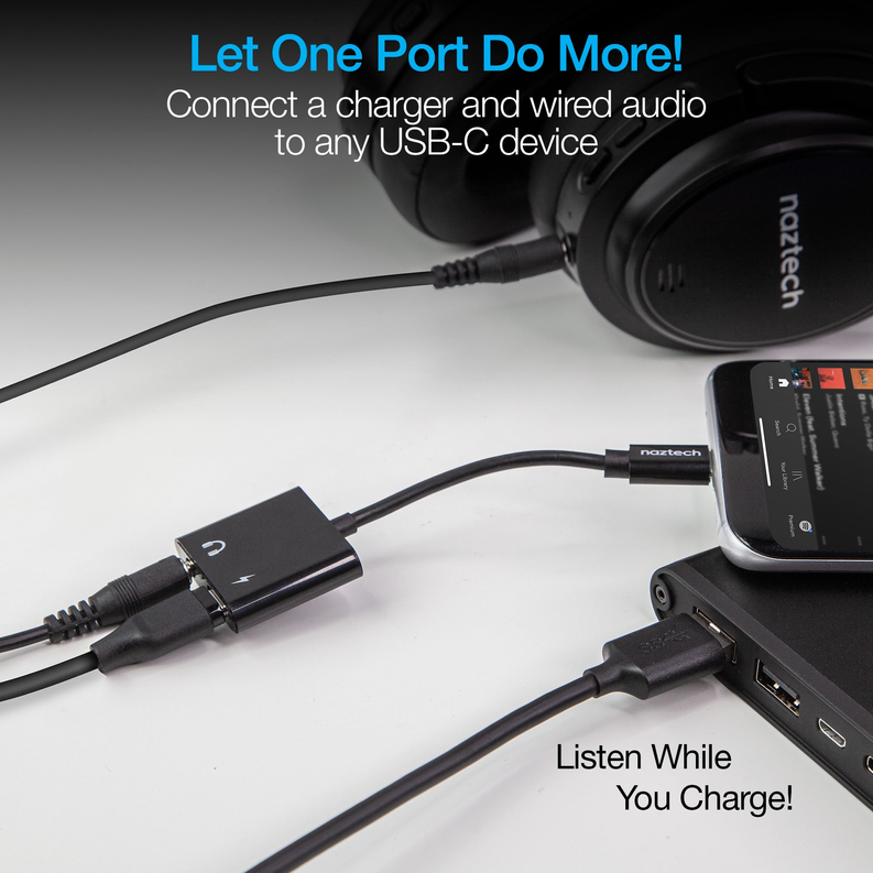 USB-C audio and charge adapter splitter with 3.5mm plug and charging cable