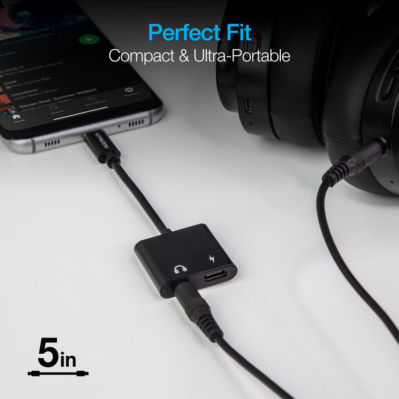 Compact USB-C audio and charge adapter with USB-C and 3.5mm ports