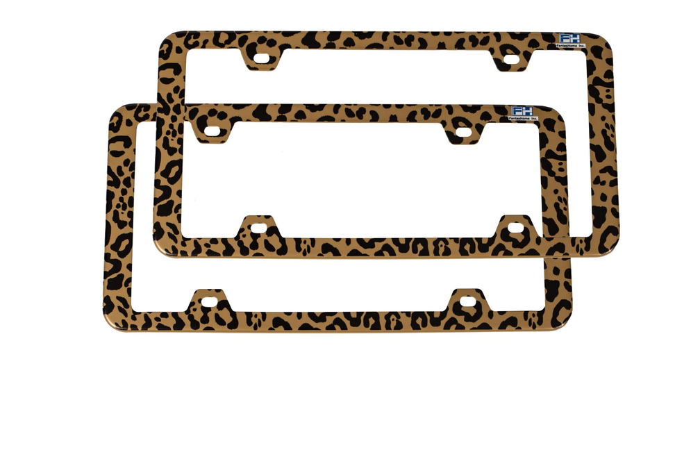 FantasHome 2 Pack Stainless Metal Car License Plate Frame Cover, US Standard Size (Leopard) - Auto Accessories