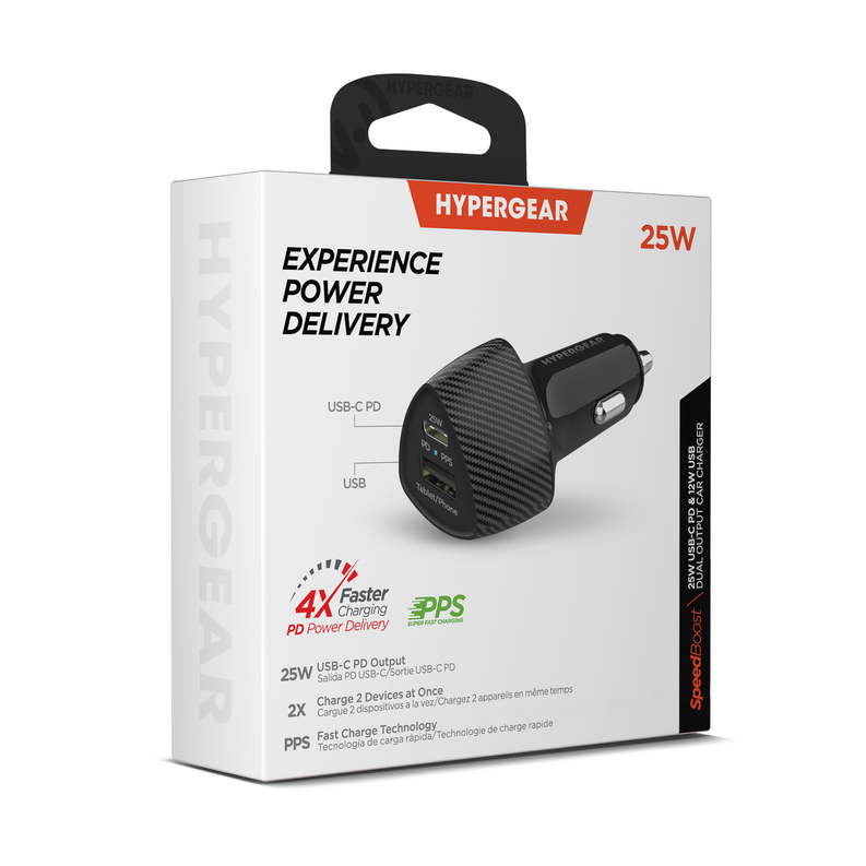 HyperGear 25W USB-C car charger with PPS, carbon-fiber finish and dual ports
