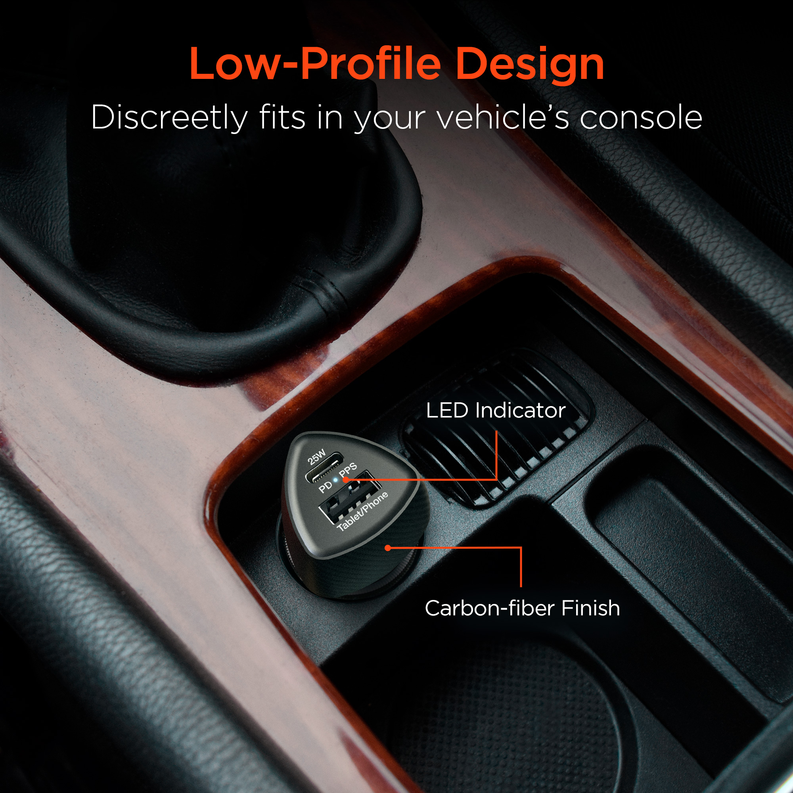 Low-profile HyperGear car charger with carbon-fiber finish and LED indicator in console