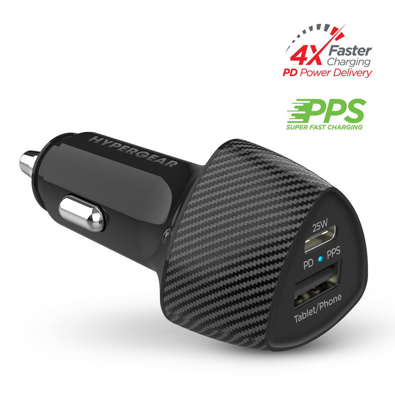 HyperGear 25W USB-C PD + PPS car charger, carbon-fiber front shell with ports
