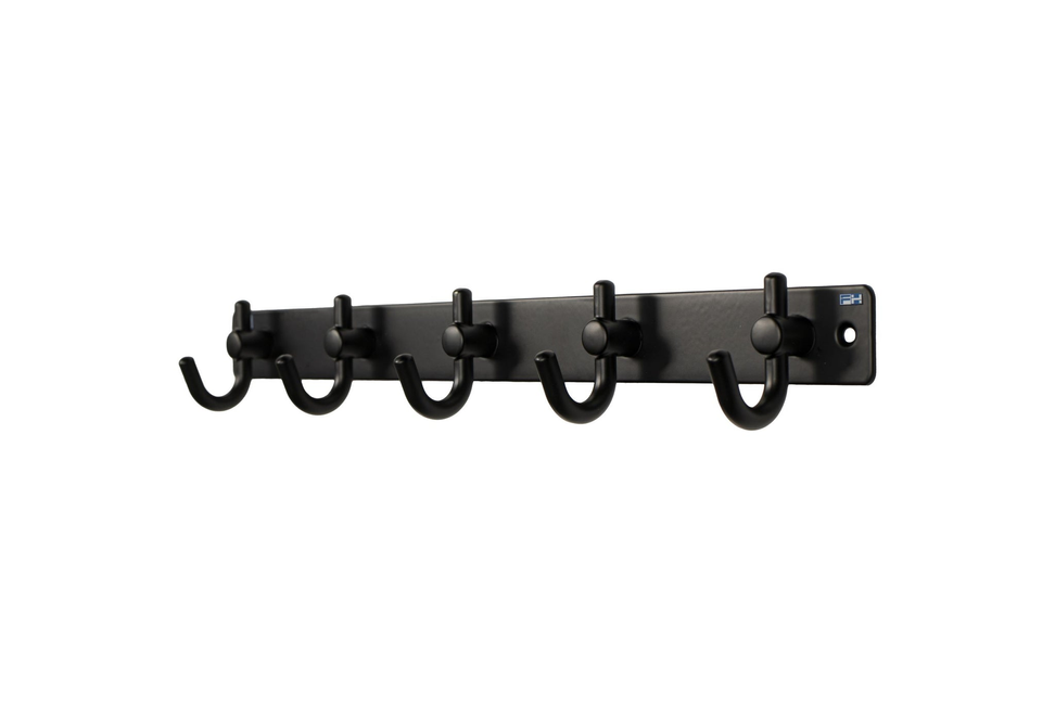 Black wall-mounted metal hook rack with 5 curved hooks and mounting holes