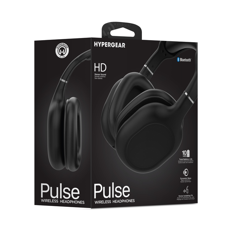HyperGear Pulse HD wireless over-ear headphones in black, retail box packaging