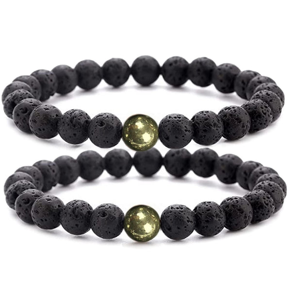 Black Lava Rock Beads Natural Stone Bracelets with Pyrite - Set of 2 - Healing Crystal Energy Activation Power Chakra Reiki…