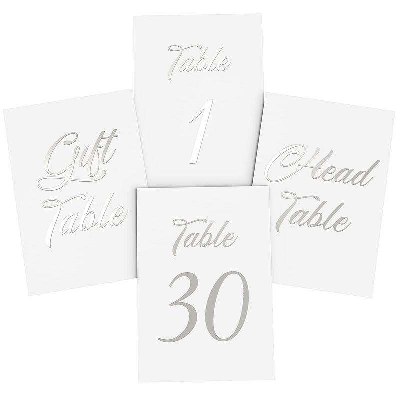 Silver Table Numbers 1 30 for Wedding Reception   Silver Foil Table Number Cards 4x6 in with Head & Gift Table   Restaurant Table Numbers   Wedding Numbers for Tables Card Stock Wedding Table Numbers