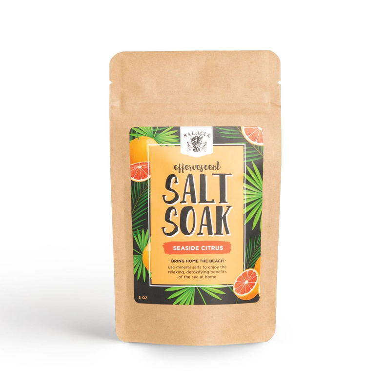 Kraft stand-up pouch for effervescent salt soak, seaside citrus label, 3 oz.