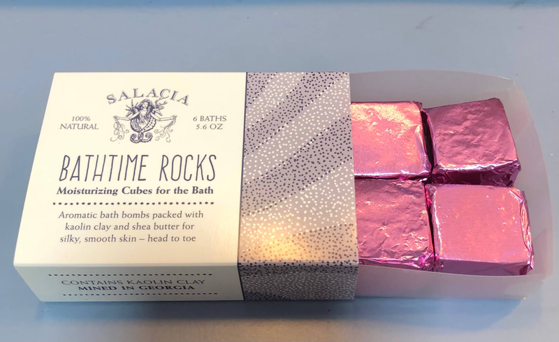 BathTime Rocks gift box with six purple foil-wrapped bath cubes
