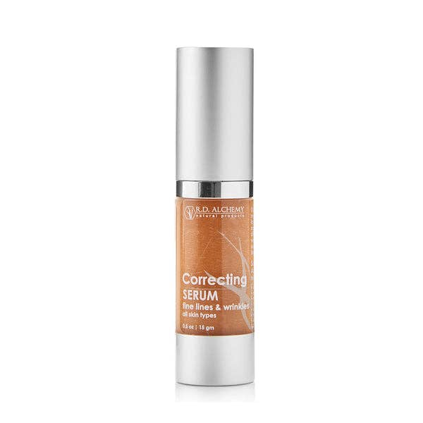 Wrinkle and line correcting serum bottle with metallic cap and amber label.