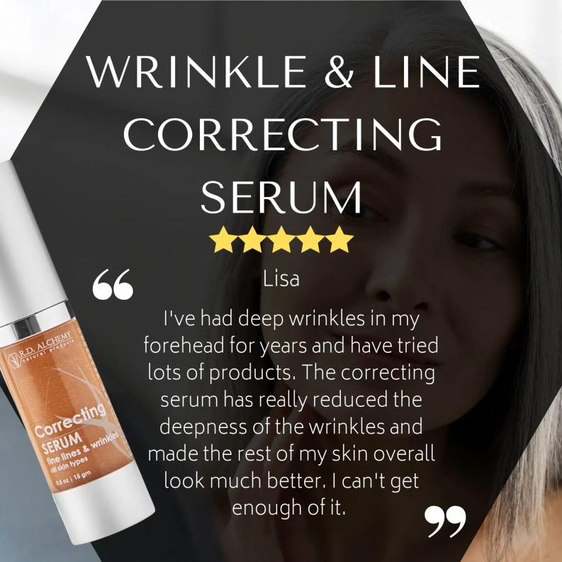 Wrinkle and line correcting serum bottle beside a woman’s face with star rating overlay.
