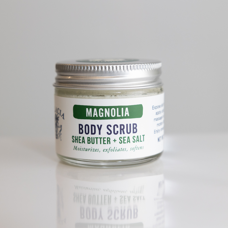 Magnolia body scrub jar with green label, shea butter + sea salt, 2.6 oz