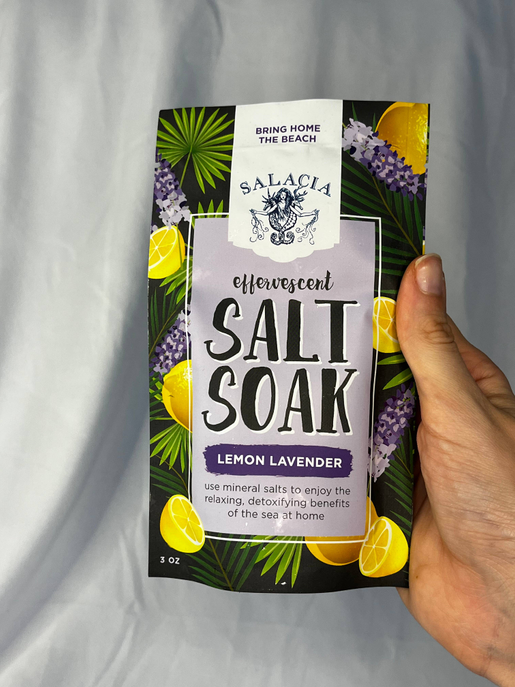 Salacia effervescent salt soak pouch, lemon lavender scent, held package with front label