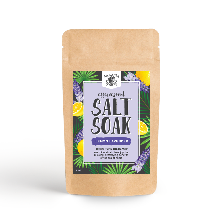 Salacia effervescent salt soak pouch, lemon lavender, kraft paper packaging with front label
