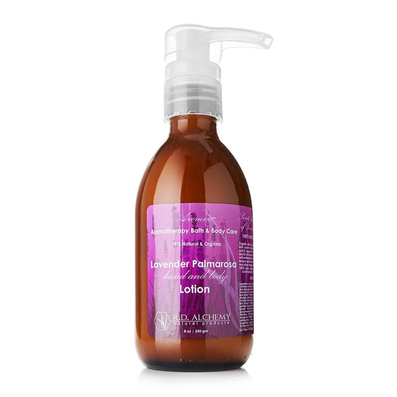 Hand and body lotion bottle with lavender and palmarosa scent, pump dispenser