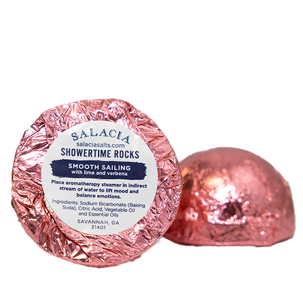 Salacia shower time rocks aromatherapy steamer in pink foil, round tablet with label