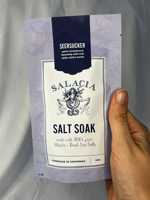 Seersucker Salt Soak packet with lavender patterned wrapper and blue label