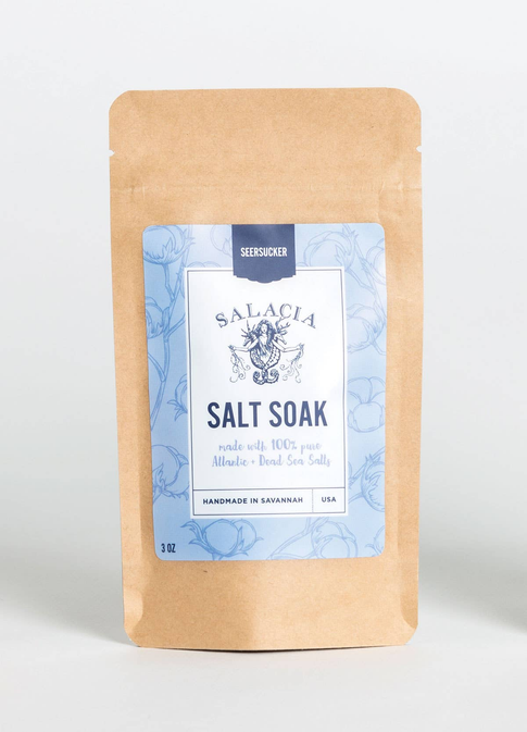 Seersucker Salt Soak in stand-up kraft pouch with blue patterned wrapper label
