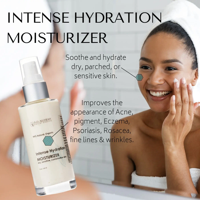 Moisturizing cream bottle with pump beside smiling woman with towel head wrap