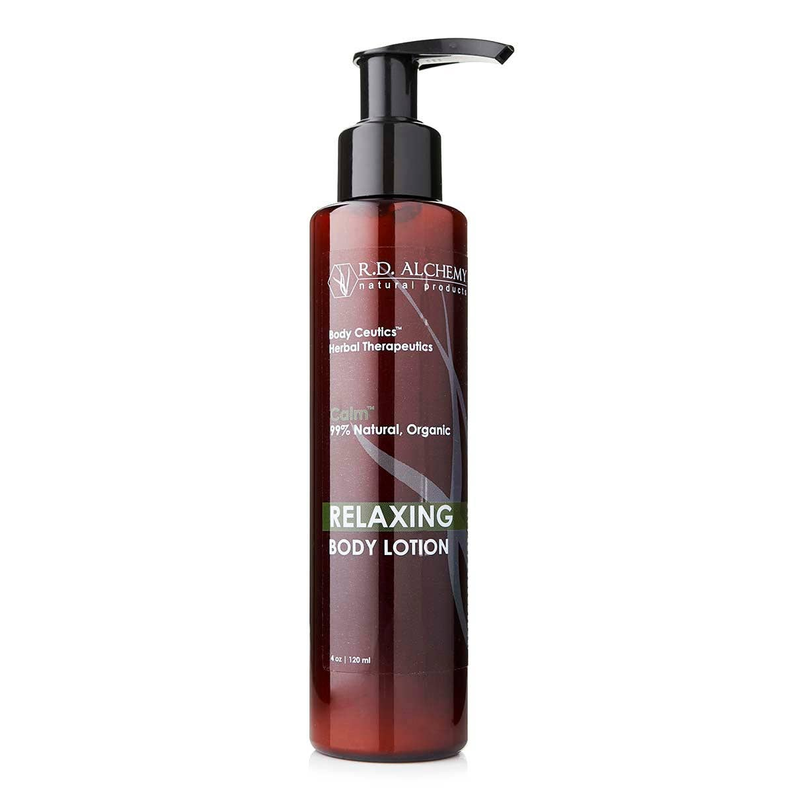Relaxing body lotion pump bottle with amber tinted bottle and black dispenser