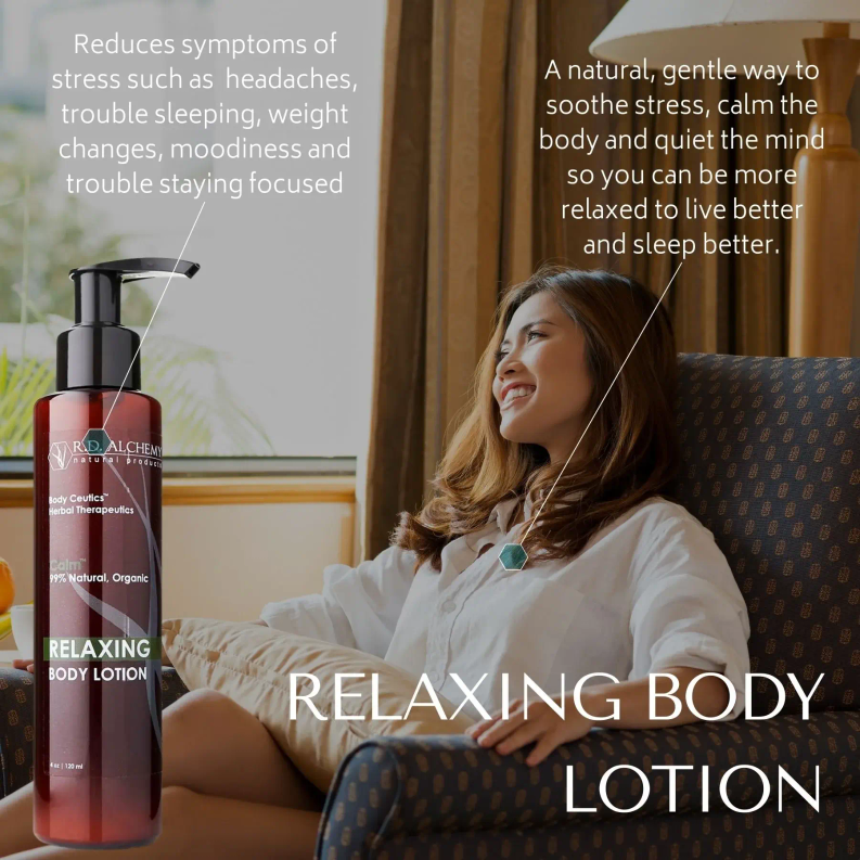 Relaxing body lotion pump bottle near a reclining woman; amber bottle with black pump