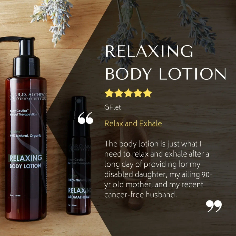 Relaxing body lotion bottles with pump; tall amber bottle and small matching bottle