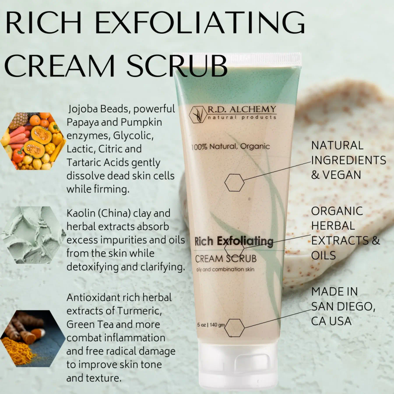Exfoliating cream scrub tube with beige cream and R.D. Alchemy label