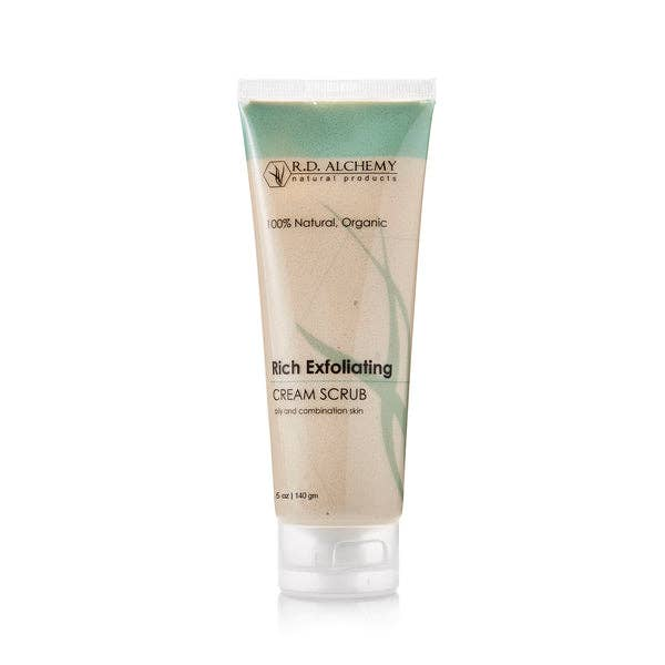Exfoliating cream scrub tube with beige-toned formula and R.D. Alchemy branding