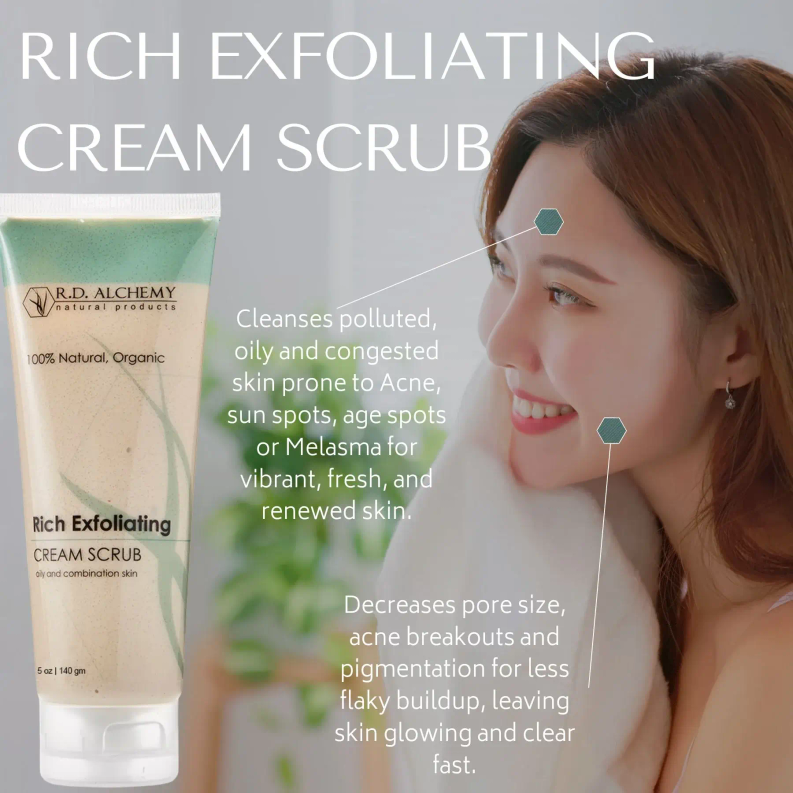 Exfoliating cream scrub tube with green cap and beige product label