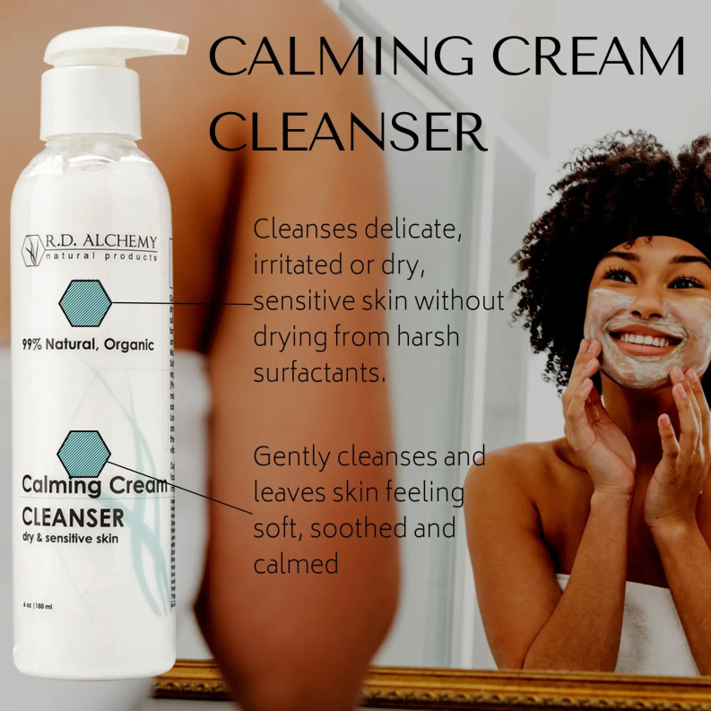 White pump bottle of calming cream cleanser, R.D. ALchemy label