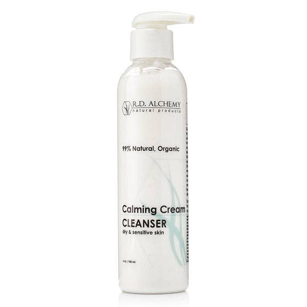White pump bottle of calming cream cleanser in a front label view