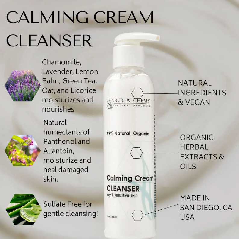 Calming cream cleanser pump bottle with ingredient-focused label callouts