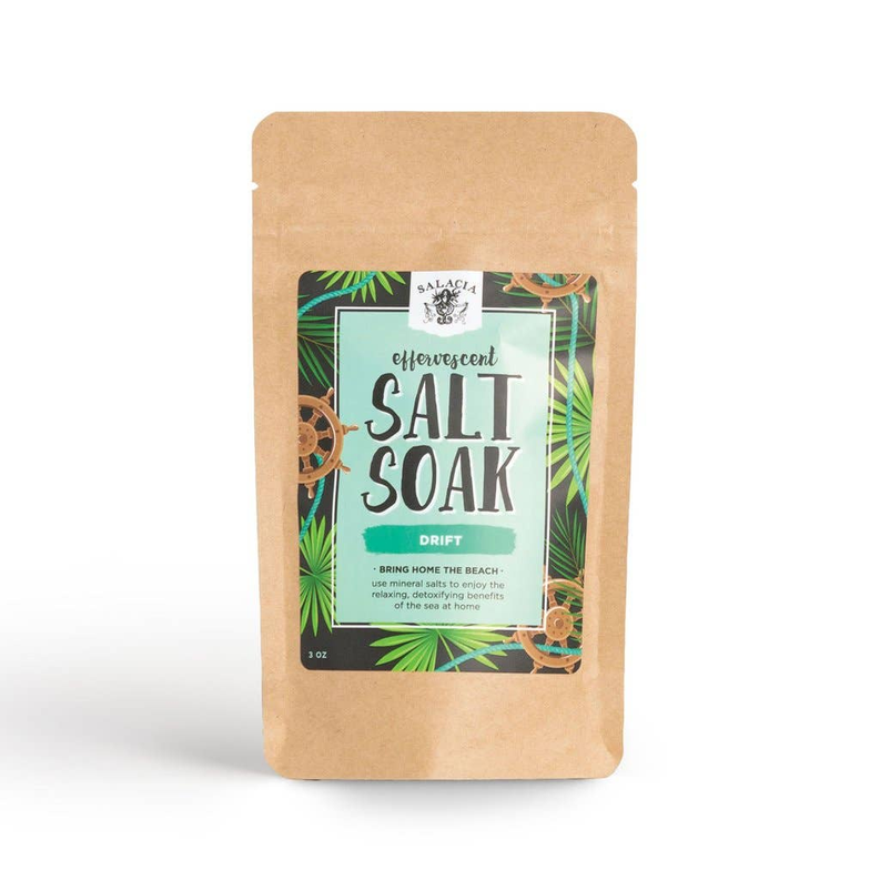 Effervescent Salt Soak stand-up pouch, Drift label with green tropical design