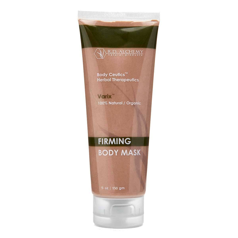 Firming body mask tube, tan cream with green label and white pump cap.