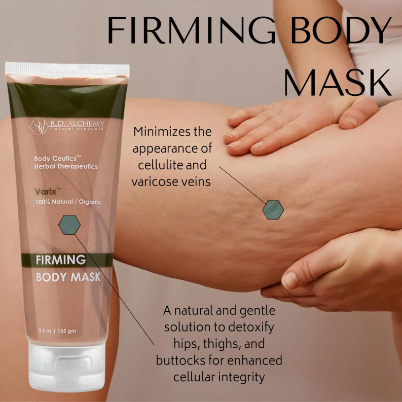 Firming body mask tube beside arm skin, tan cream product in a squeeze tube.