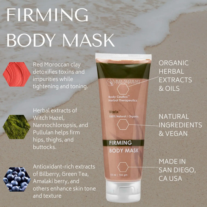 Firming body mask tube with ingredient images, tan formula and white squeeze cap.