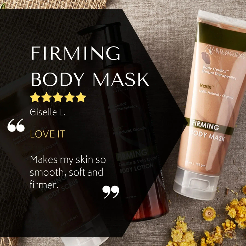 Firming body mask tube with tan formula, white cap, shown with other bottle.