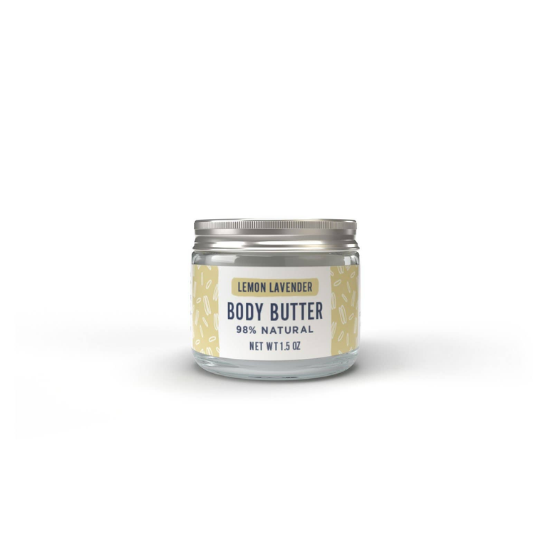 Lemon Lavender body butter jar, clear glass with silver lid and yellow label
