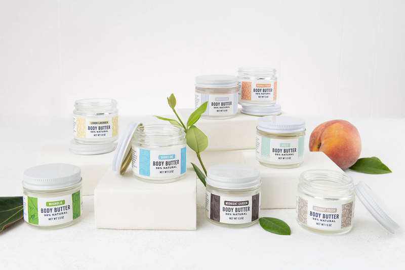 Lemon lavender body butter jar set, small clear jars with silver lids and labels