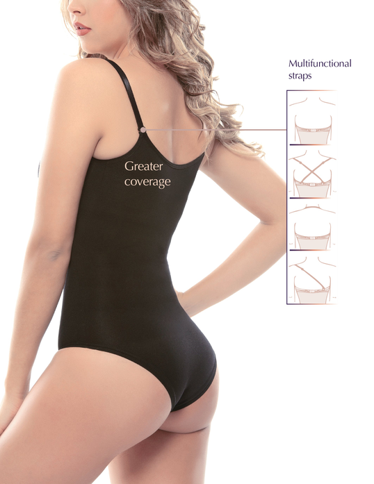 Black braless body shaper with multifunctional adjustable straps for greater coverage