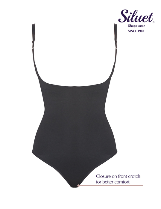 Black braless bodysuit shaper with scoop neckline and thin straps