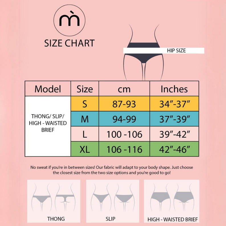 Size chart for women's slip thong: hip sizes S–XL in inches and cm