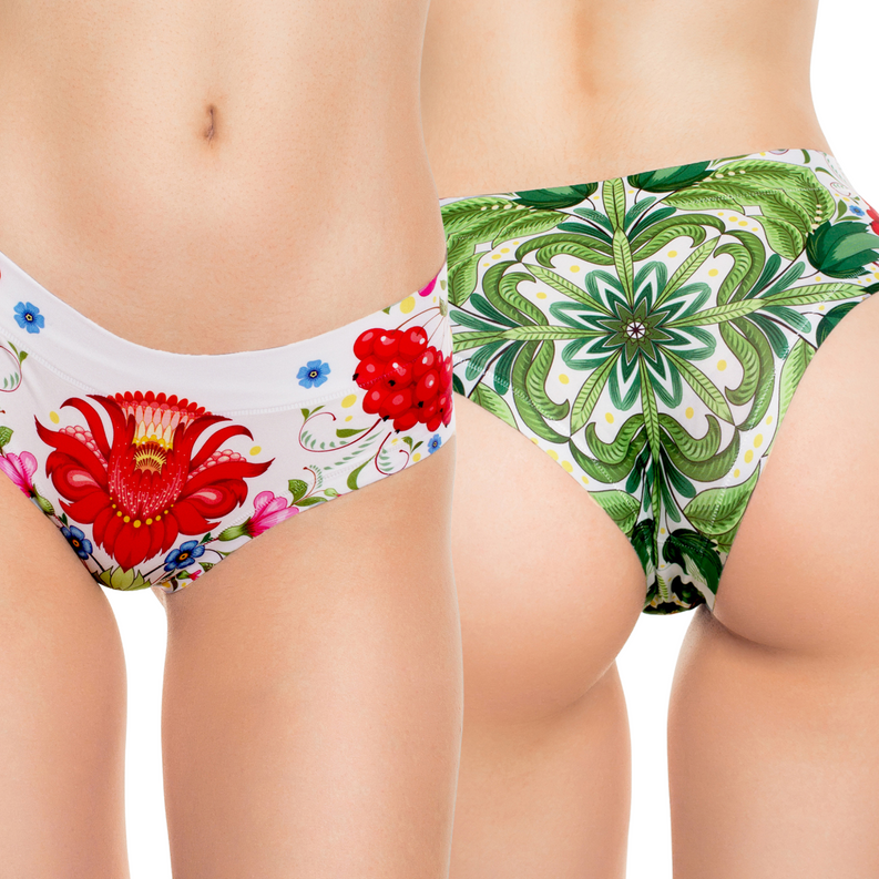 Women's floral slip panties in green and red flower prints on white