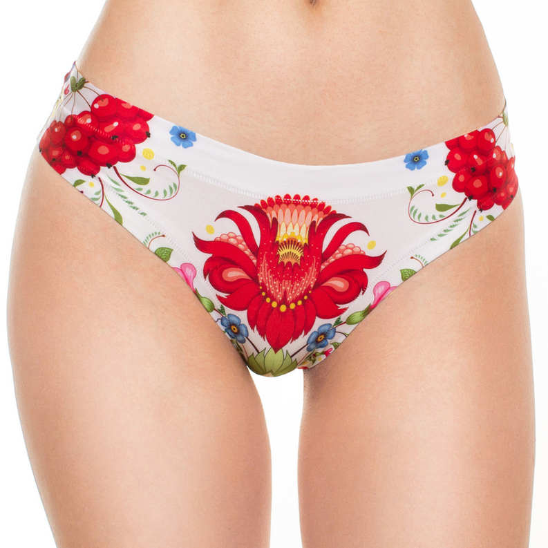 Women's slip panty with red flower print on white seamless bikini style