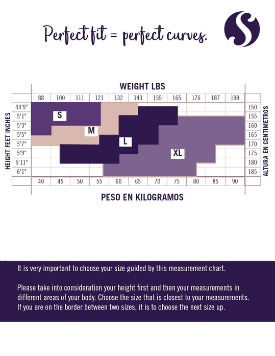 Shapewear shorts size chart with height and weight sizing blocks