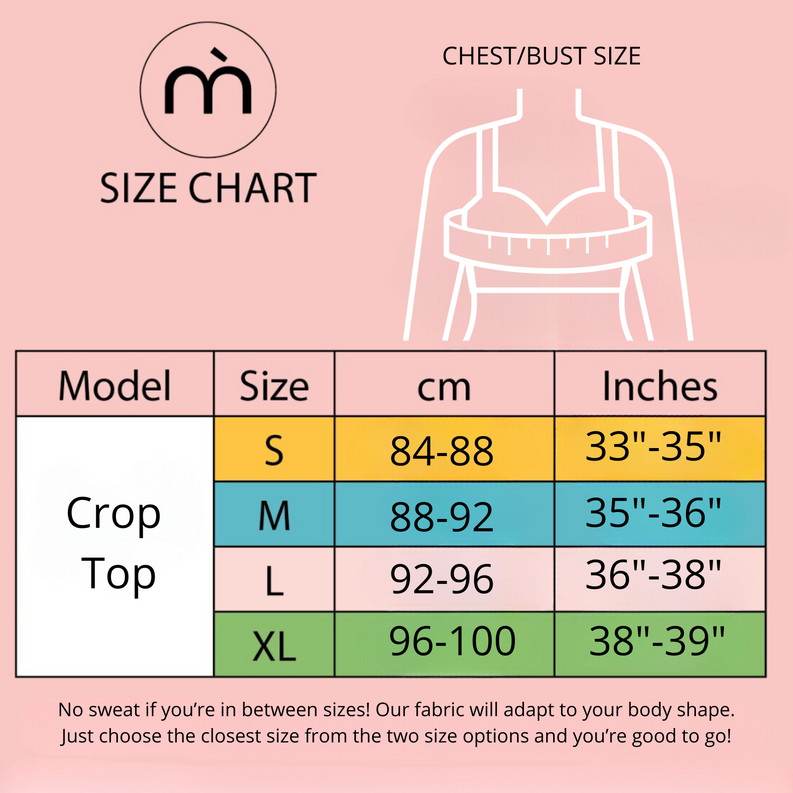 Crop top size chart: S 33-35 in, M 35-36 in, L 36-38 in, XL 38-39 in